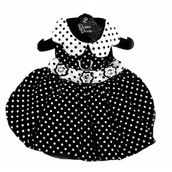 Doggie Design Dog Dress Black & White Polka Dot Dog Dress with Matching Leash