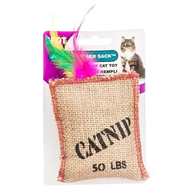 Pet Wholesale USA Spot Jute and Feather Sack with Catnip Cat Toy