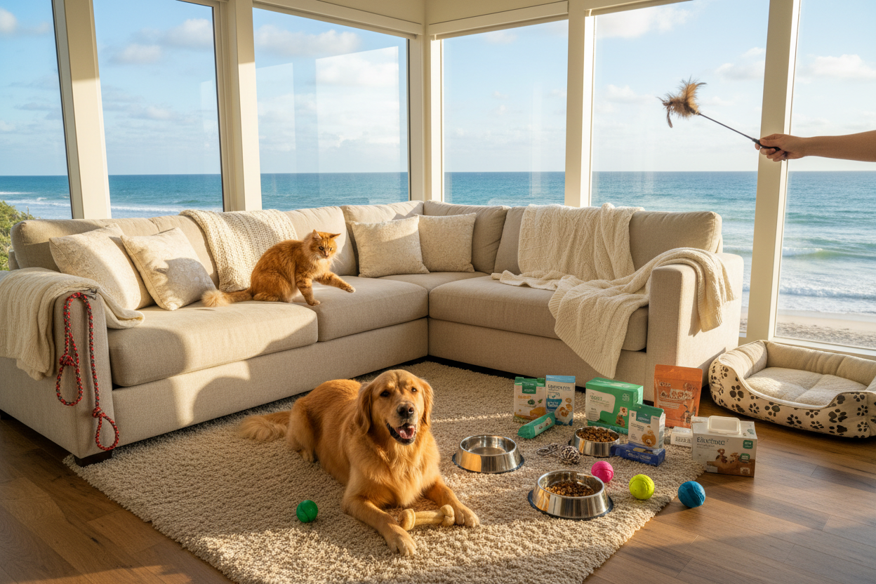 Pets in a Living Room with Ocean View