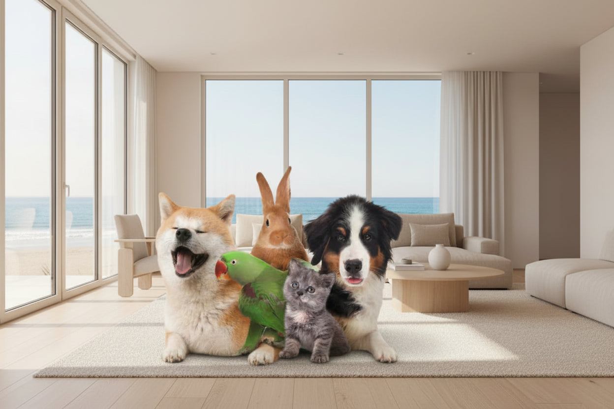 Two dogs, a parrot, a bunny, and a cat sitting together on a rug in a modern living room with a beach background.